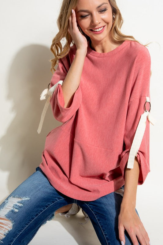 SOLID BRUSHED TERRY ROLL UP SLEEVE CASUAL TOP