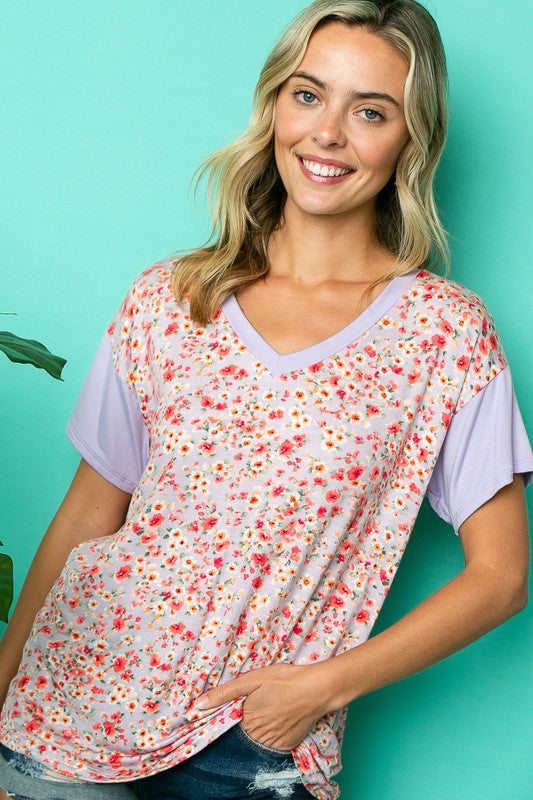 DIZZY FLORAL SOLID MIX BOXY TOP