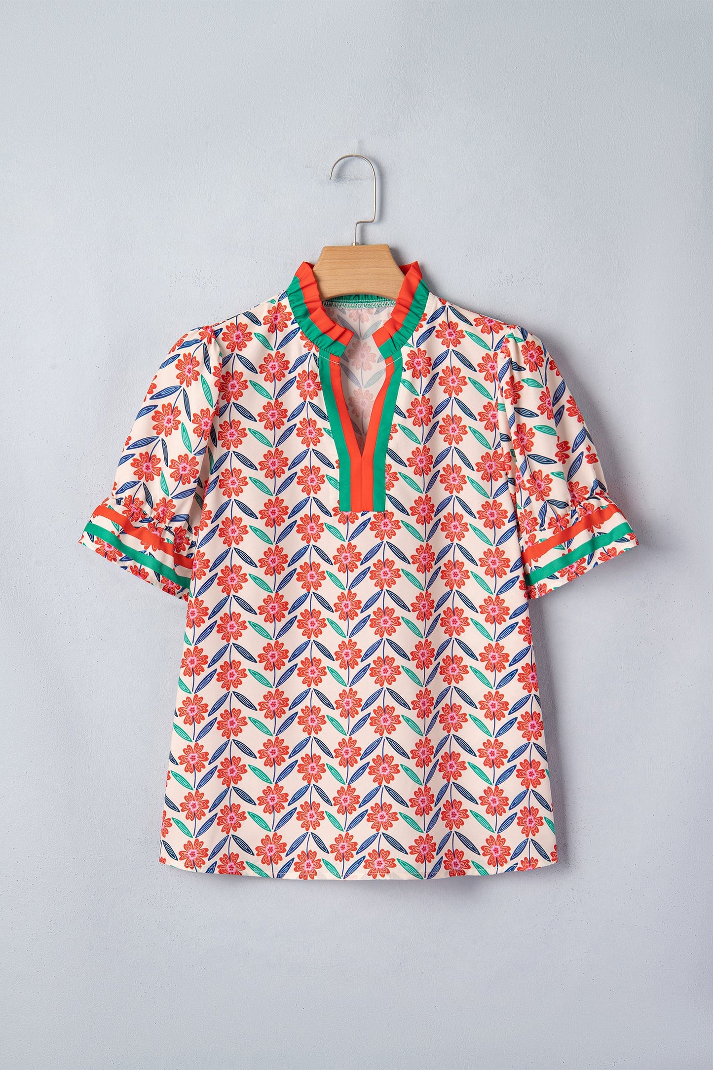 Floral Stripe Detail V-Neck Ruffle Sleeve Blouse