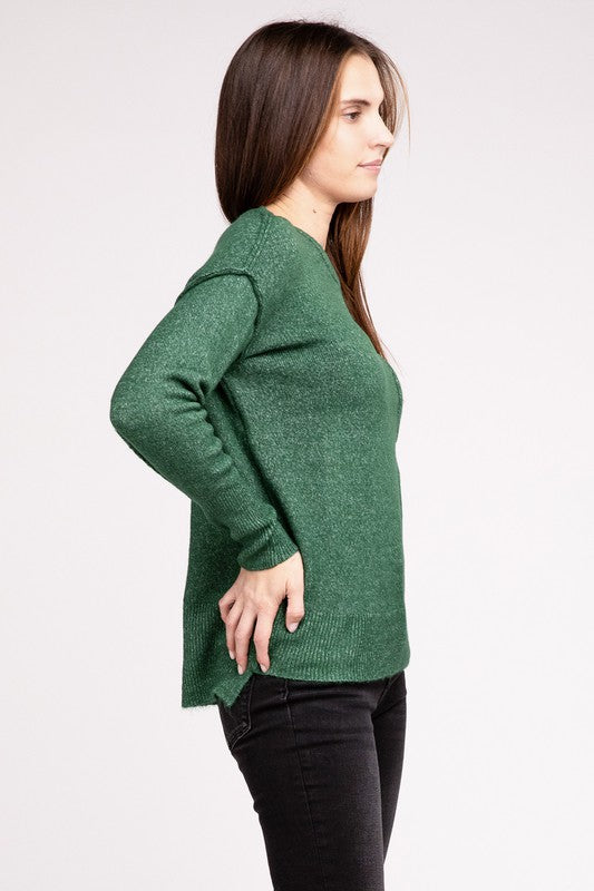 MELANGE HI-LOW HEM ROUND NECK SWEATER