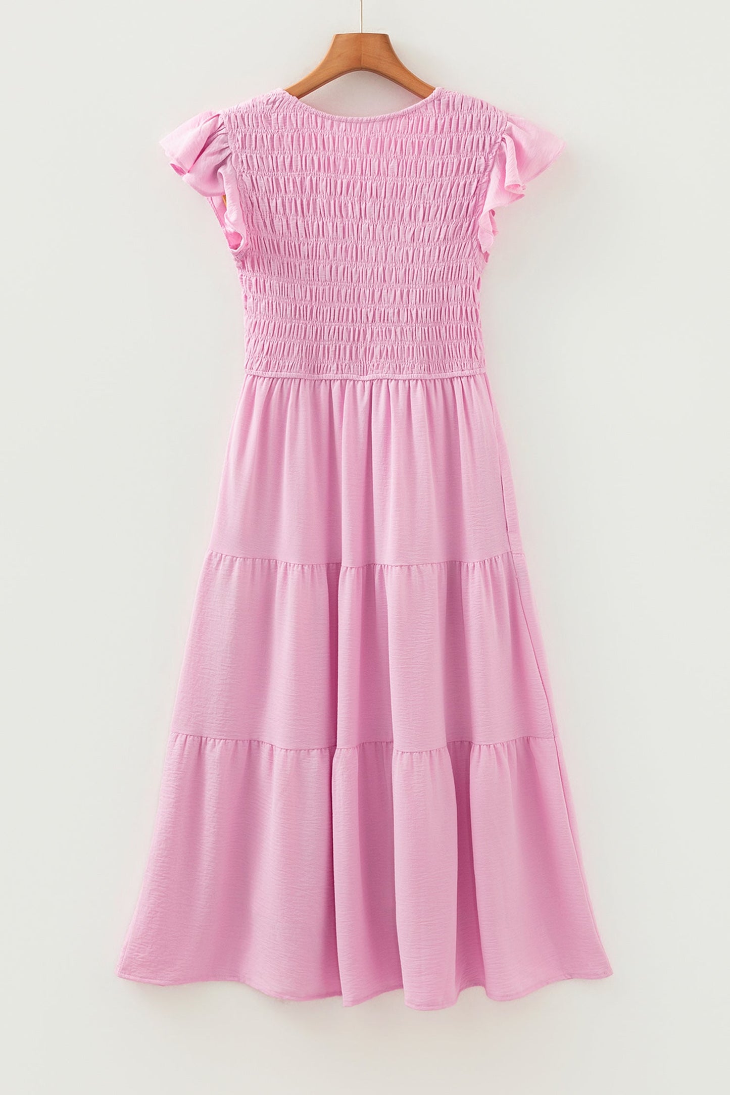 Smocked V-Neck Flutter Sleeve Tiered Midi Dress