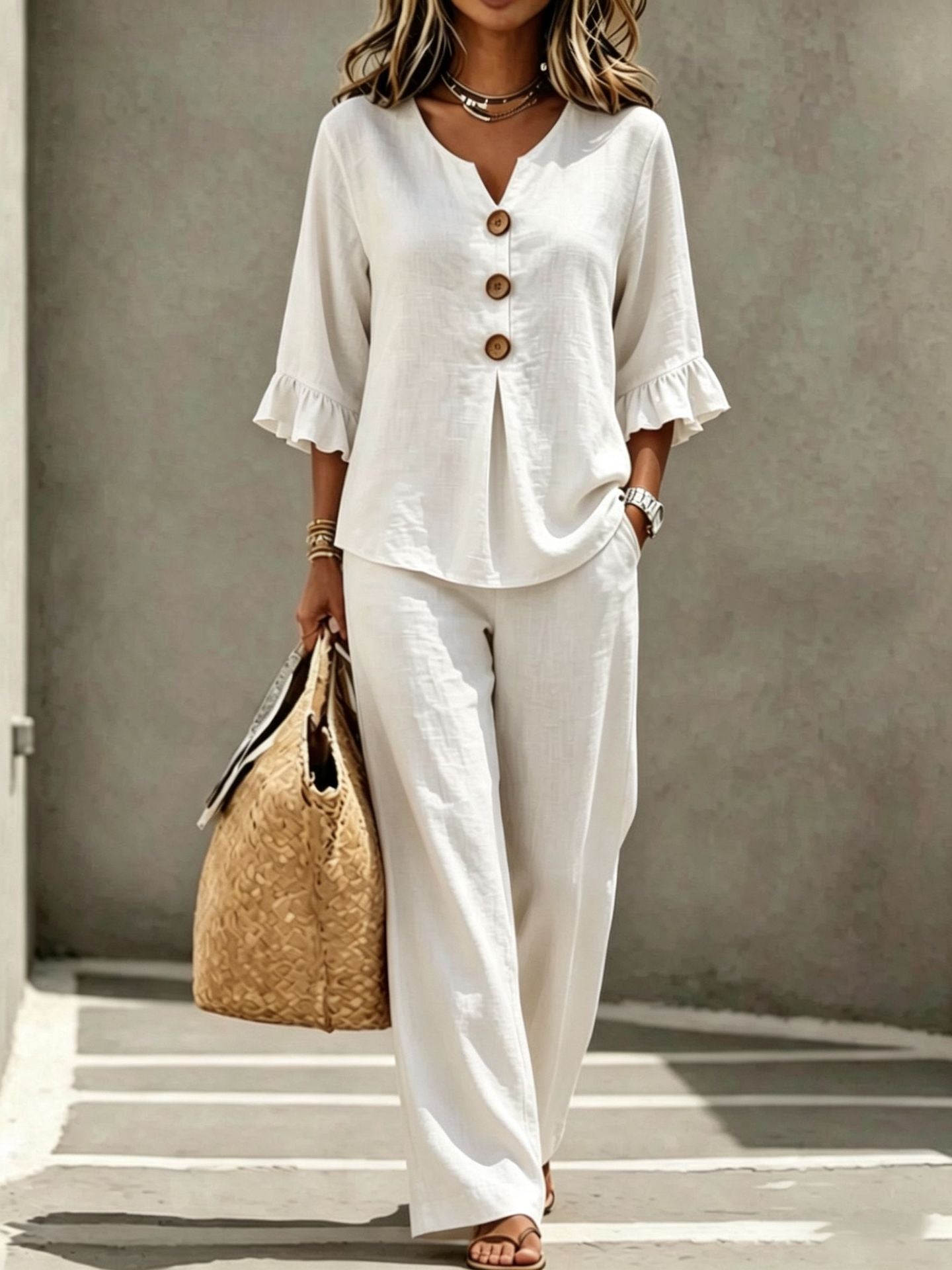 Women's Ruffle V-Neck Two-Piece Set – Button-Down Top & Pants