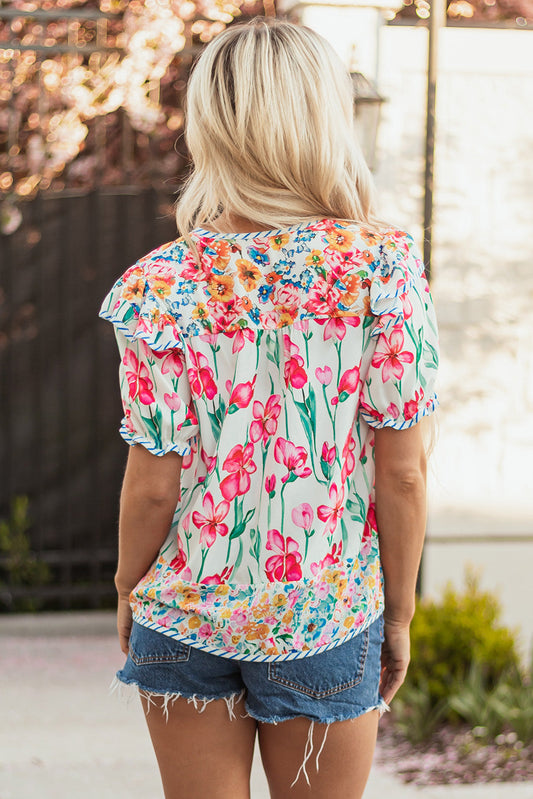 Floral Stripe Trim Split Neck Short Sleeve Blouse