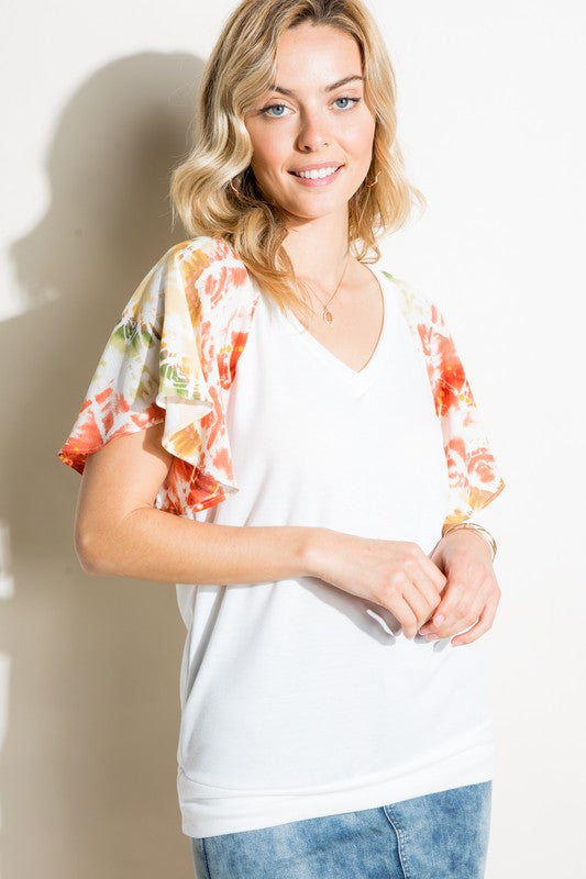 V NECK SHORT FLAIR SLEEVE TOP