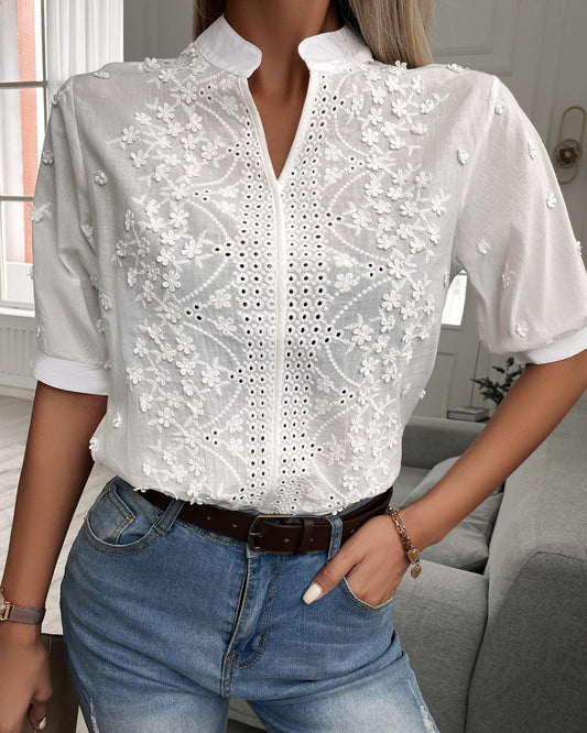 πΈ Women's V-Neck Stand Collar Embroidered Lace Blouse