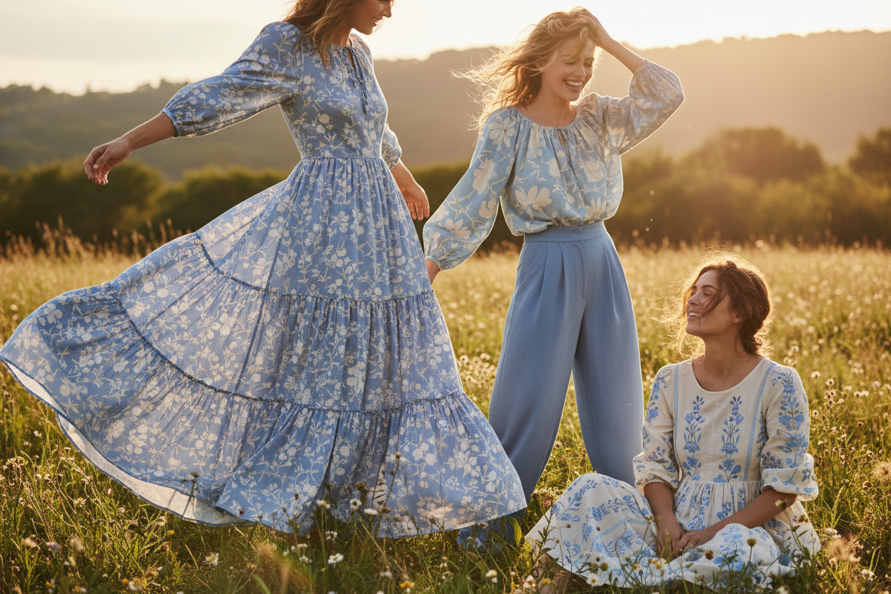 add people wearing light blue floral boho clothing