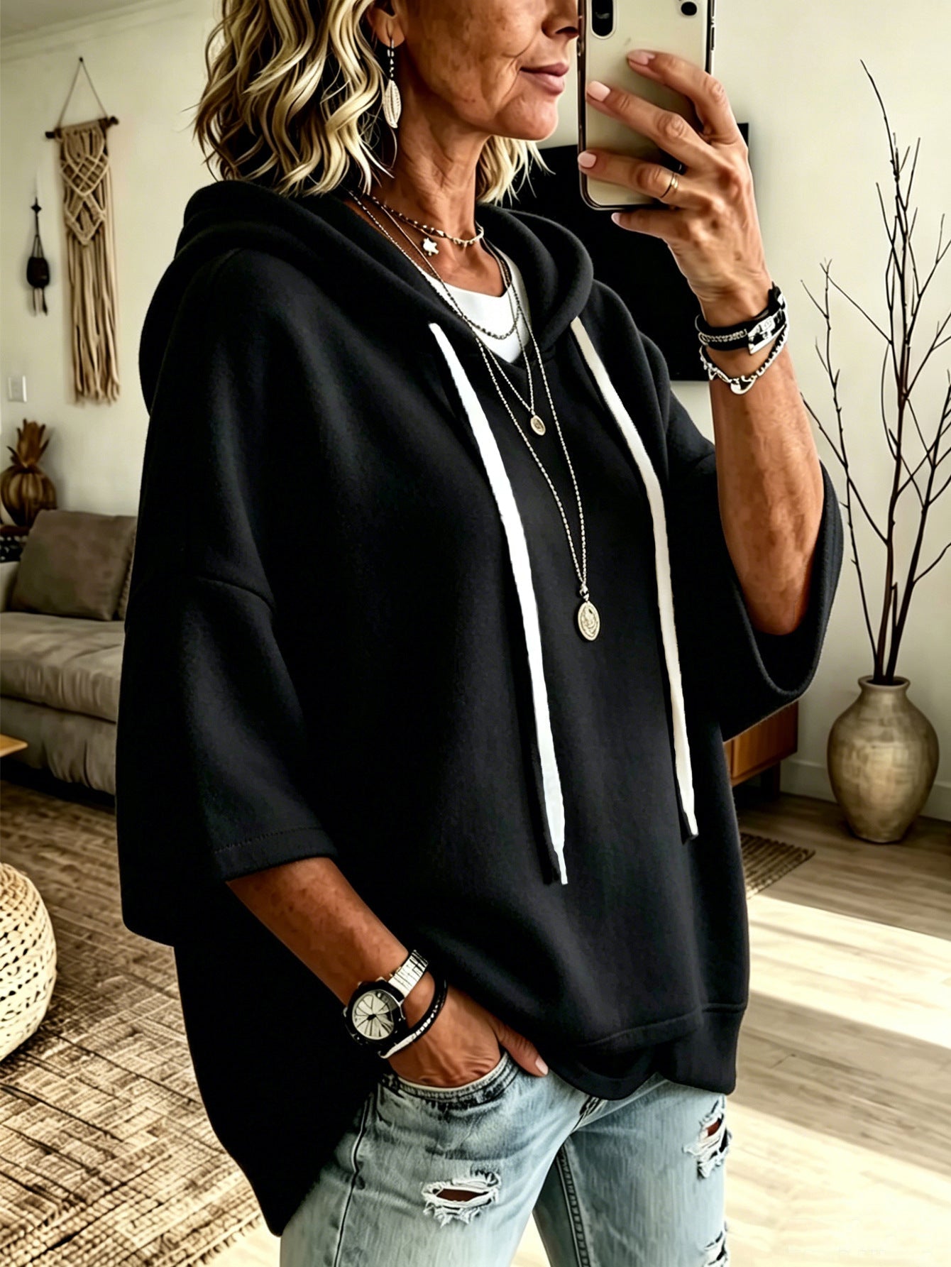 Women's Oversized Batwing Sleeve Hoodie – Loose Fleece Pullover