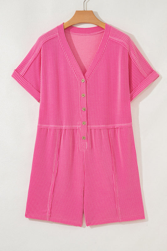 Corded Knit Buttoned V-Neck Short Sleeve Romper