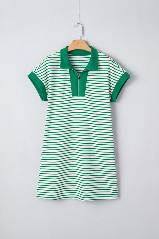Stripe Quarter Zip Polo Collar T-Shirt Dress