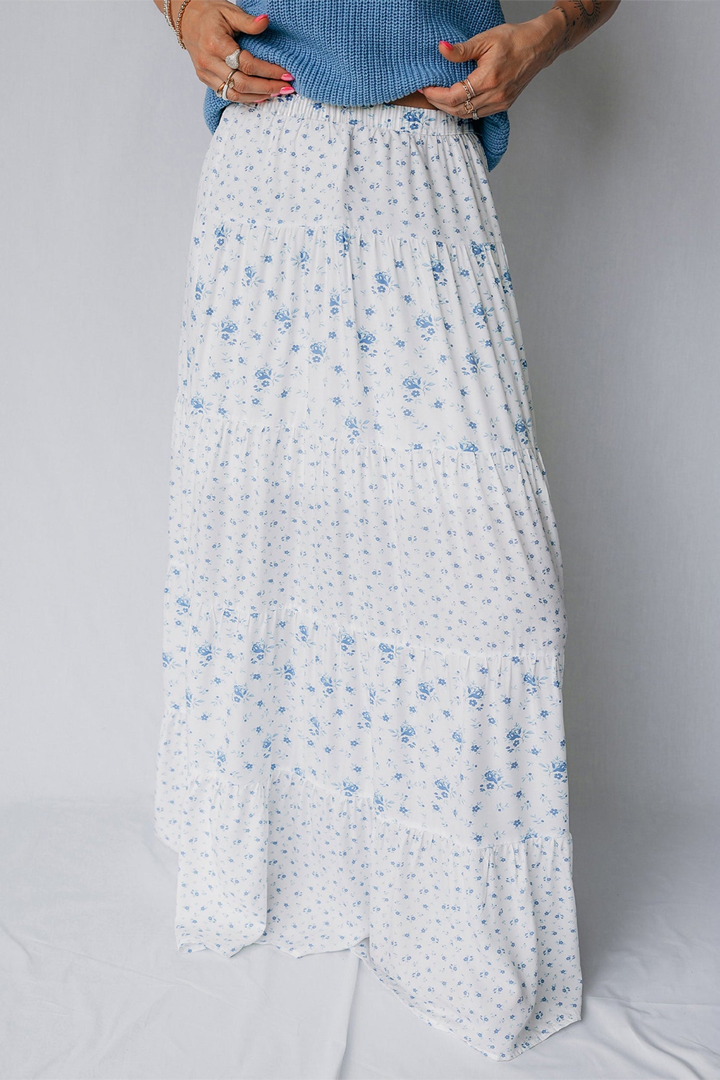 Floral Patchwork High Waist Tiered Maxi Skirt
