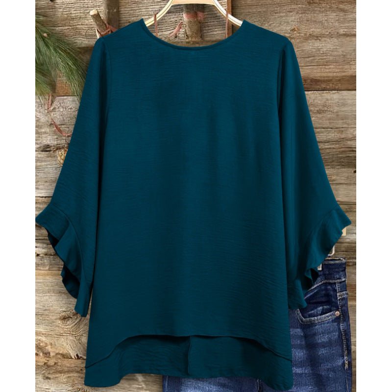 Women's Solid Color Loose Round-Neck Top – Ruffled Three-Quarter Sleeves