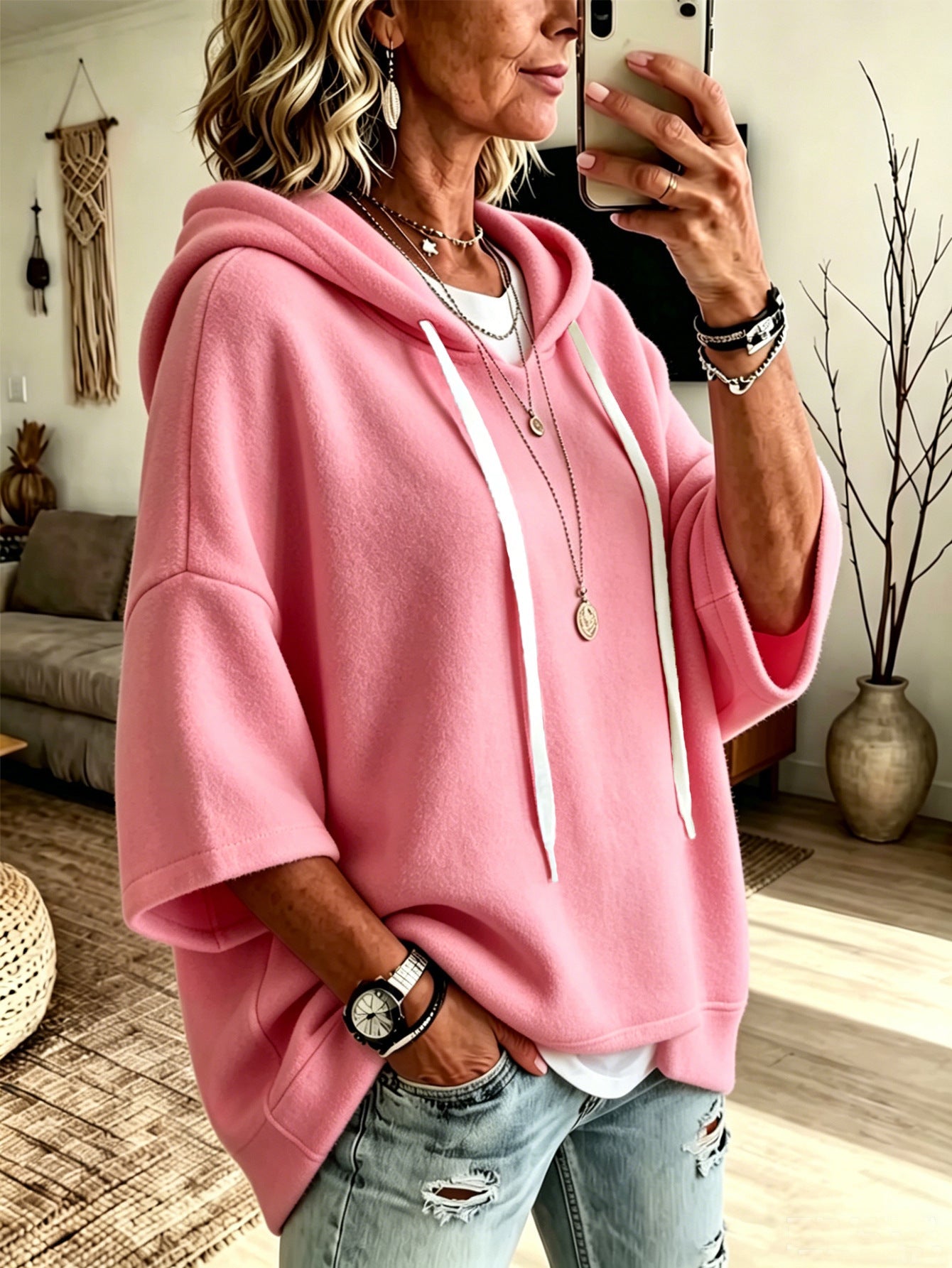 Women's Oversized Batwing Sleeve Hoodie – Loose Fleece Pullover