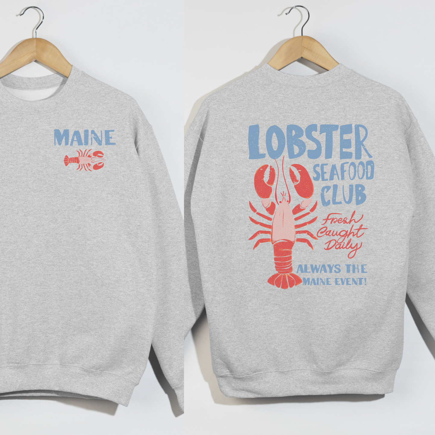 Maine Lobster Seafood Club Crewneck Sweatshirt – Coastal New England Lobster Graphic Pullover