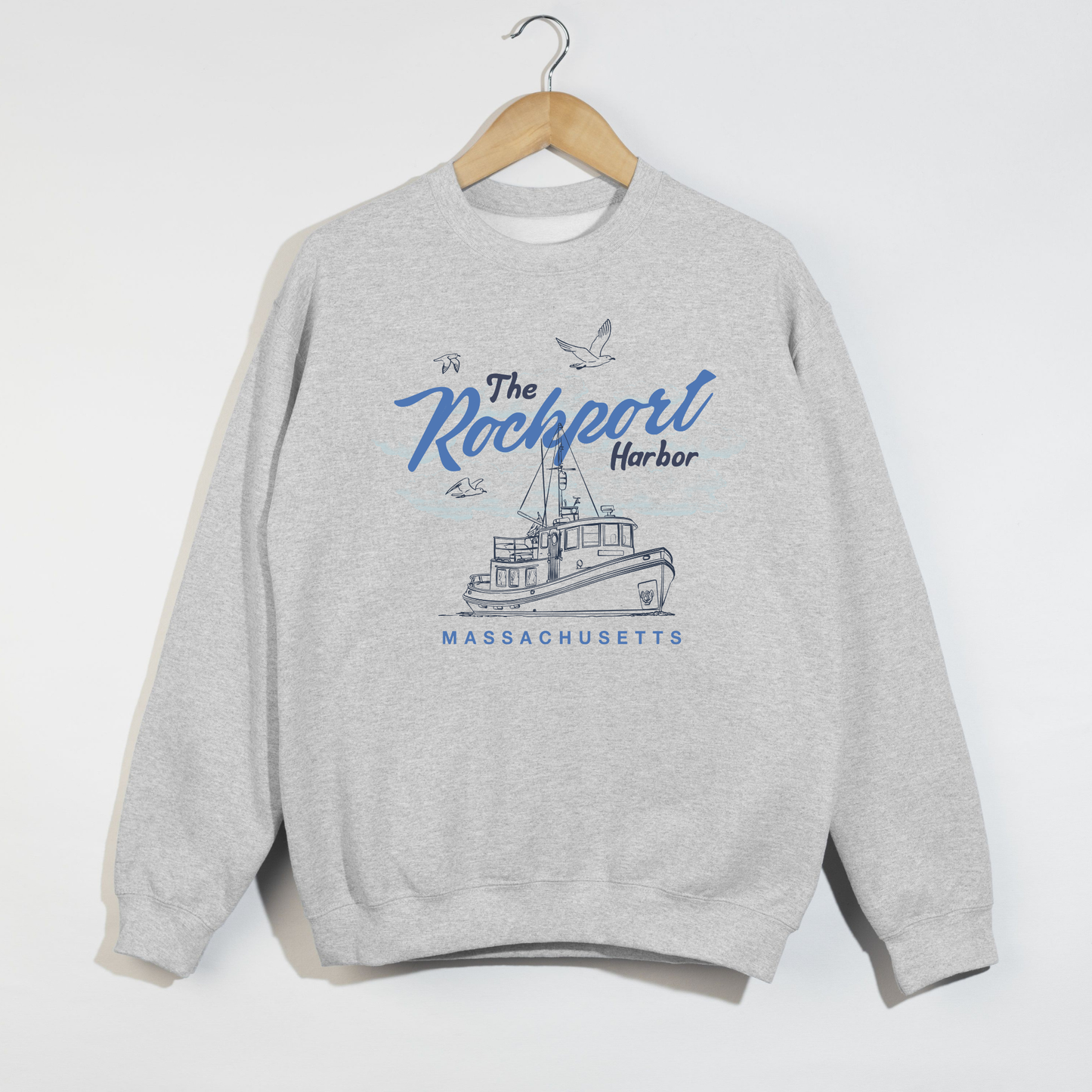 Rockport Harbor Massachusetts Crewneck Sweatshirt – Coastal New England Boat Graphic Pullover
