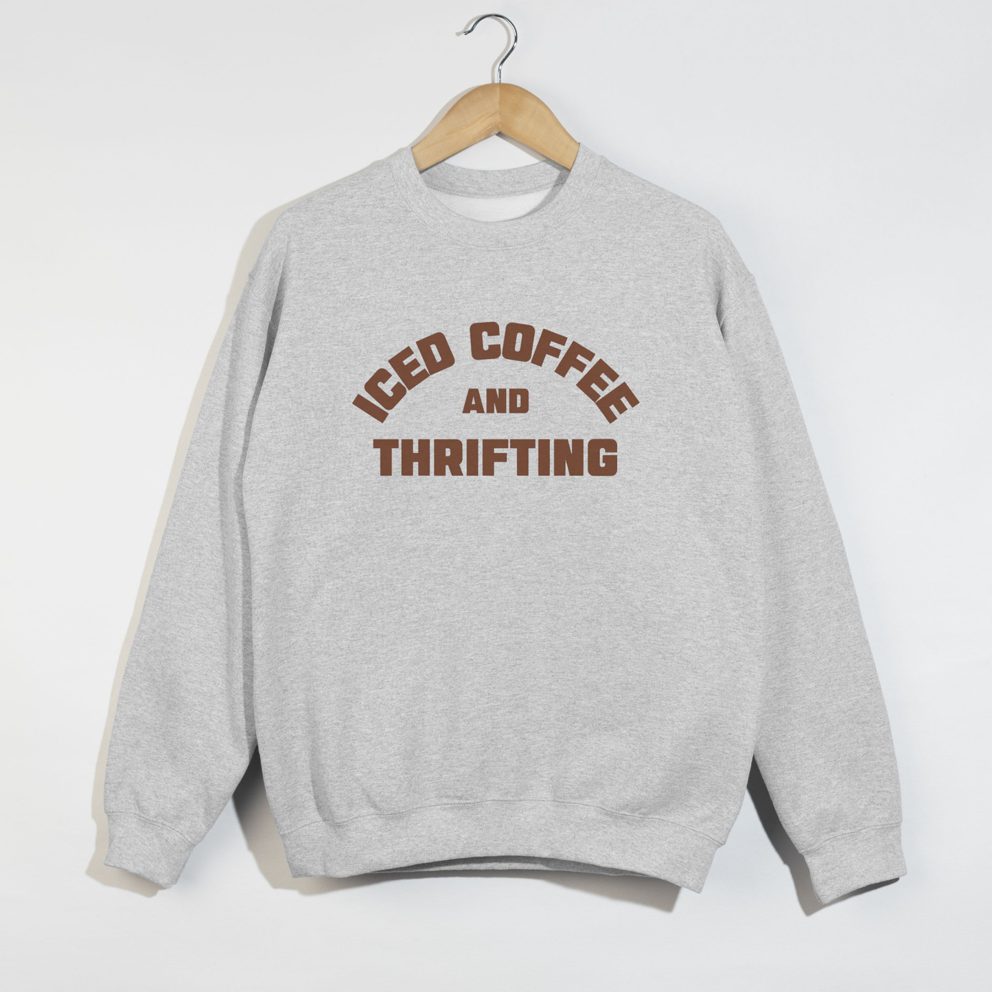 Iced Coffee & Thrifting Crewneck – Neutral Thrift Girl Sweatshirt