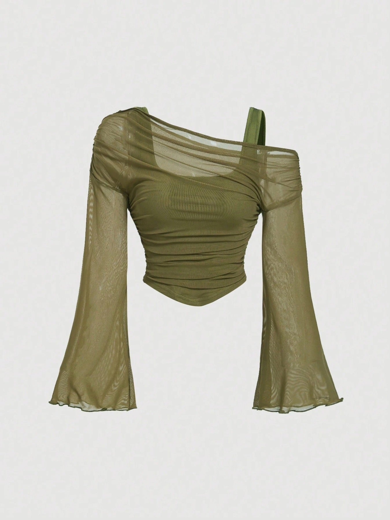 Women's Mesh Neck Pleated Long-Sleeve Top – Slim Fit Knit