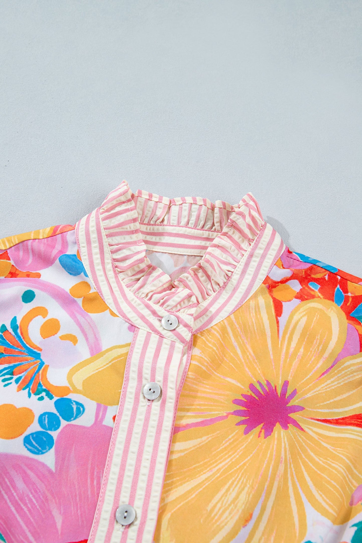 Floral Stripe Trim Puff Sleeve Buttoned Maxi Dress