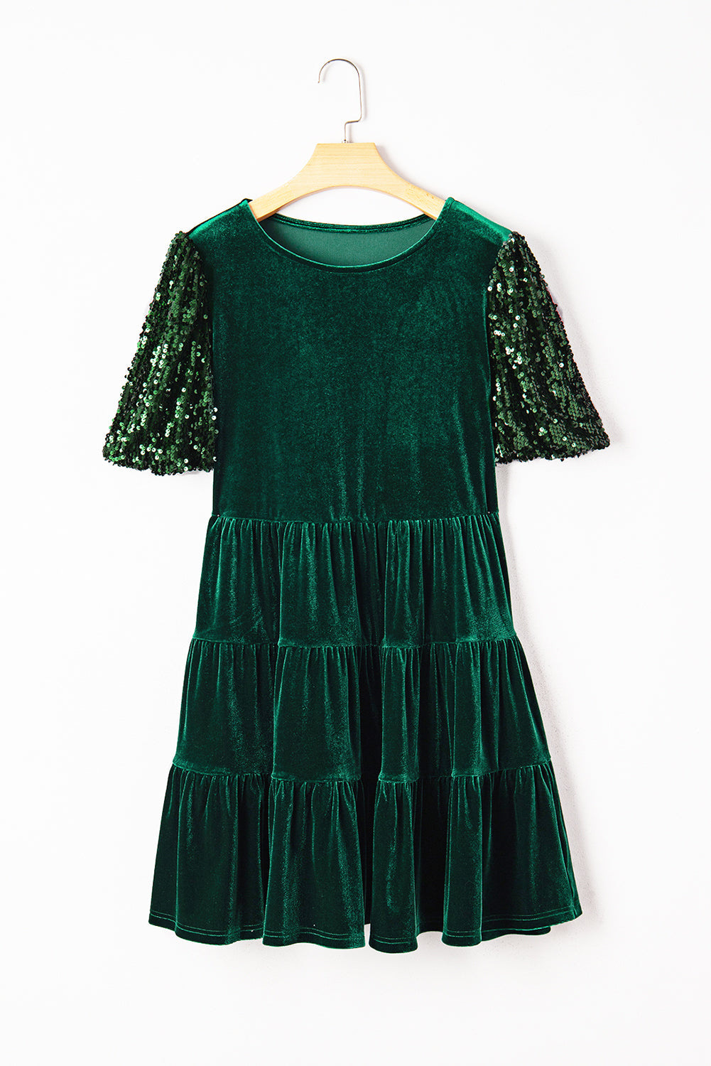 Velvet Sequin Puff Sleeve Tiered Mini Dress