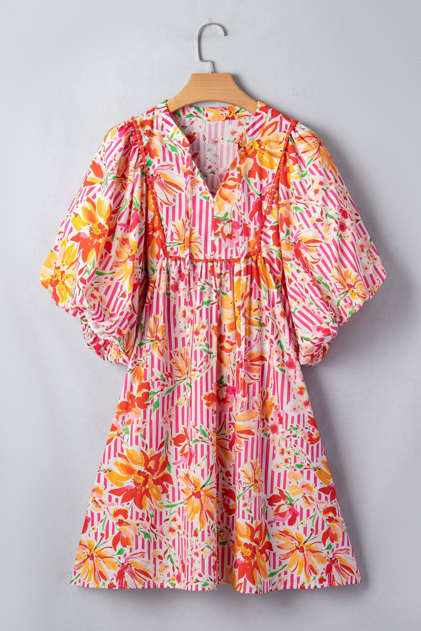 Floral Stripe Tie Neck Puff Sleeve Mini Dress