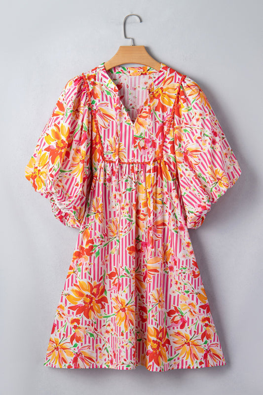 Floral Stripe Tie Neck Puff Sleeve Mini Dress