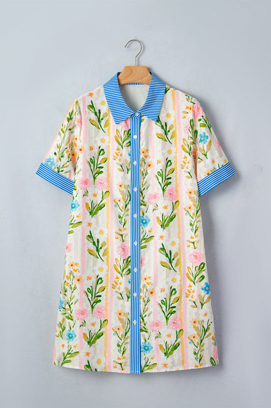 Floral Stripe Trim Button Down Dress