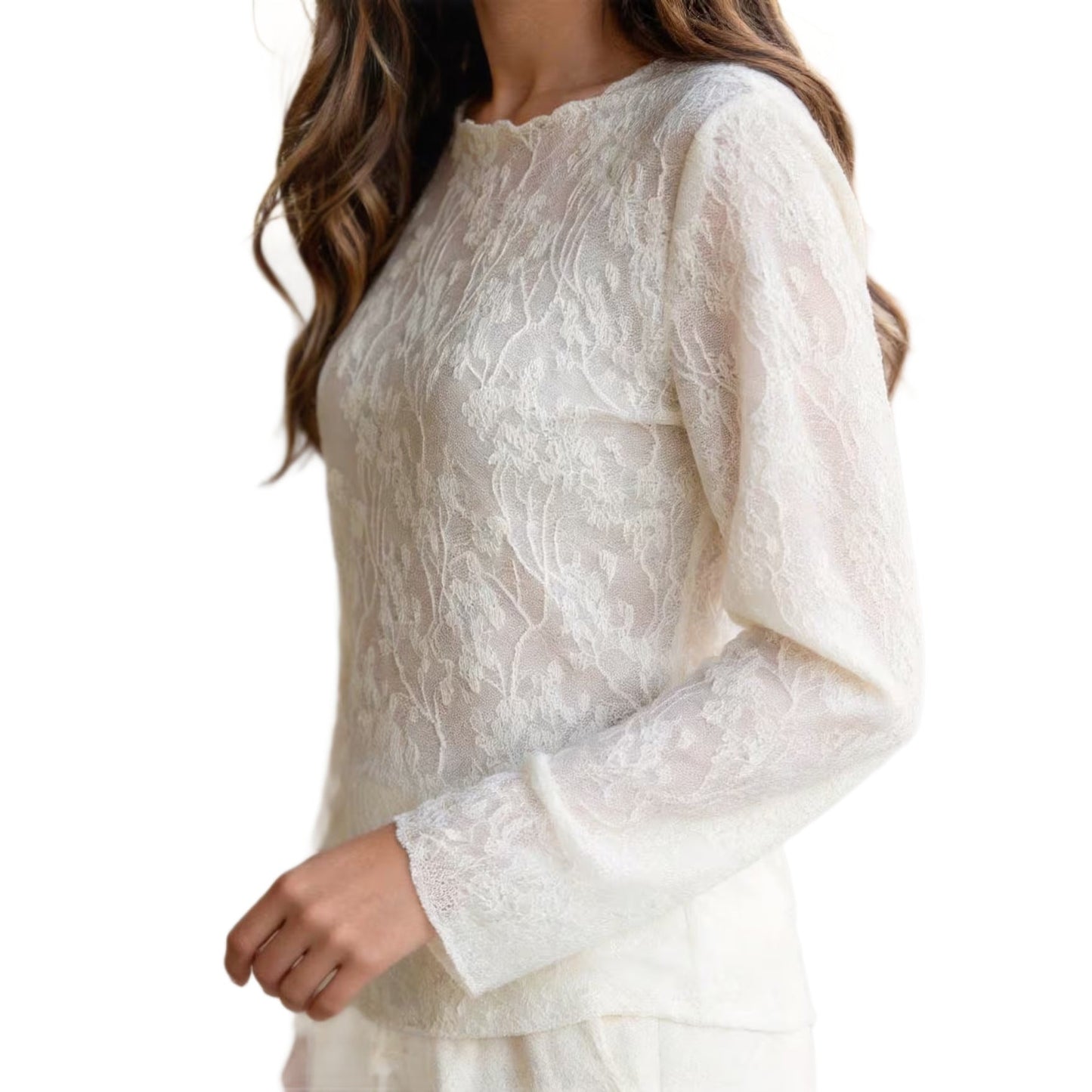 Women's Lace Trim Round Neck Long-Sleeve Top – Elegant Slim Fit