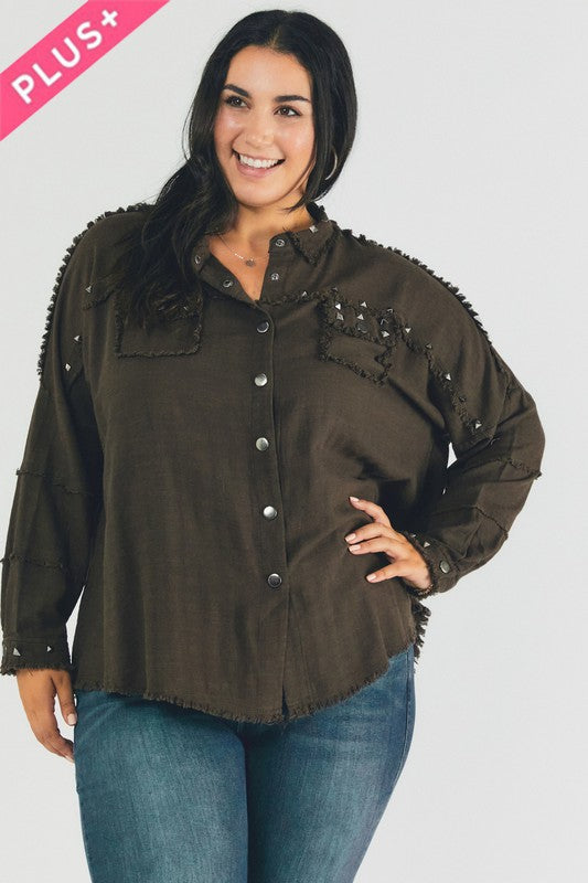 Plus Distressed hem button down oversize shirt