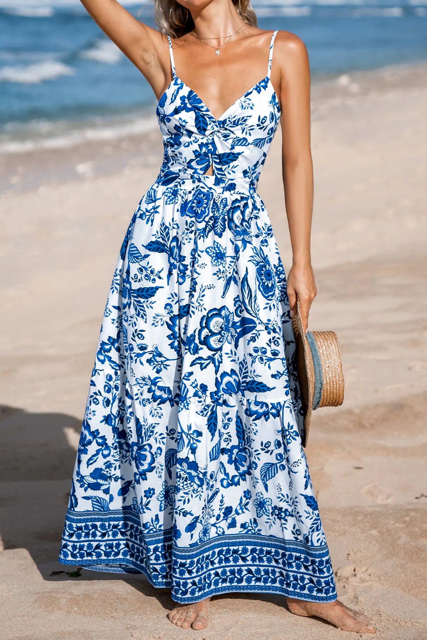 Floral Twisted Bust Spaghetti Strap Backless Maxi Dress