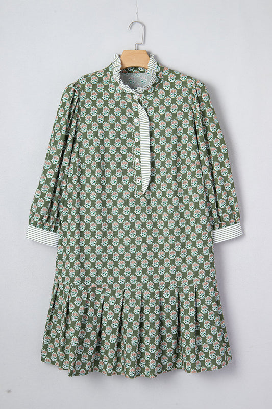 Plus Size Floral Stripe Contrast 3/4 Sleeve Dress