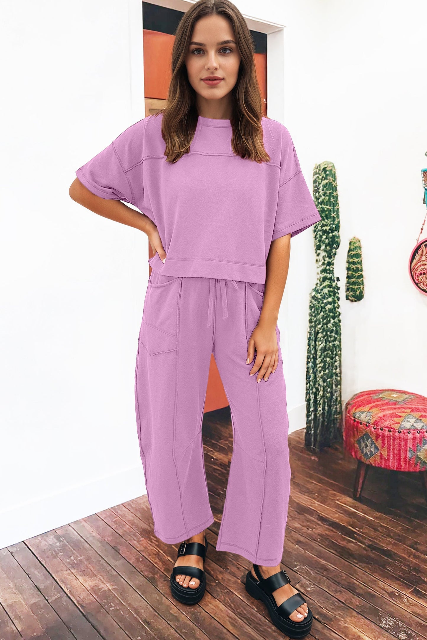 Solid Drop Shoulder Boxy Tee & Barrel Pants Set