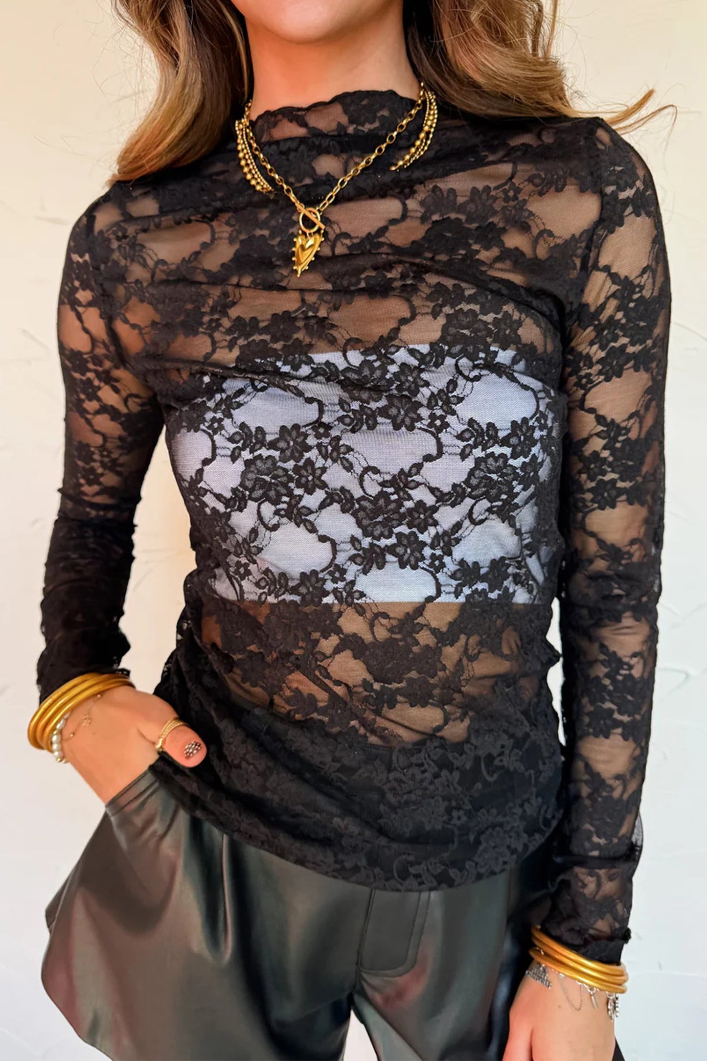 Sheer Floral Lace Mock Neck Long Sleeve Top