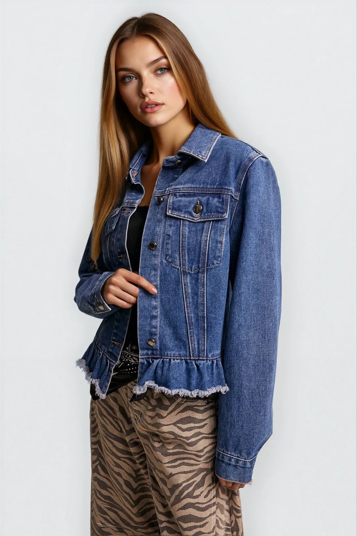 Ruffled Hem Denim Jacket