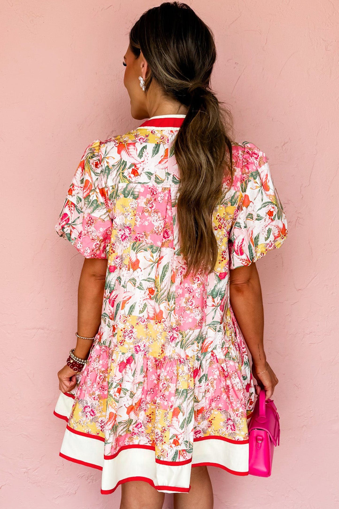 Floral Colorblock Trim V-Neck Ruffle Mini Dress