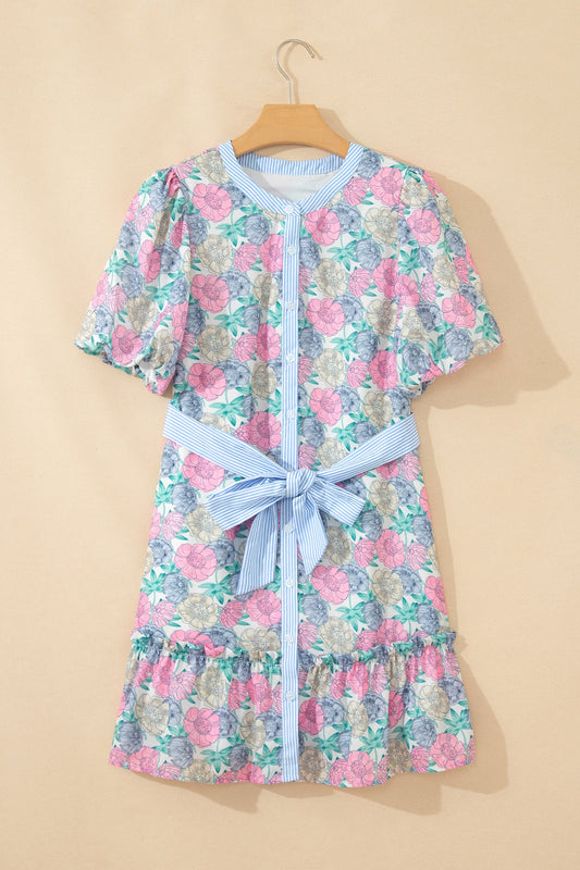 Floral Stripe Contrast Trim Belted Ruffle Dress