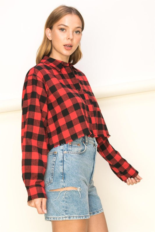 See Ya Plaid Print Button-Up Crop Top