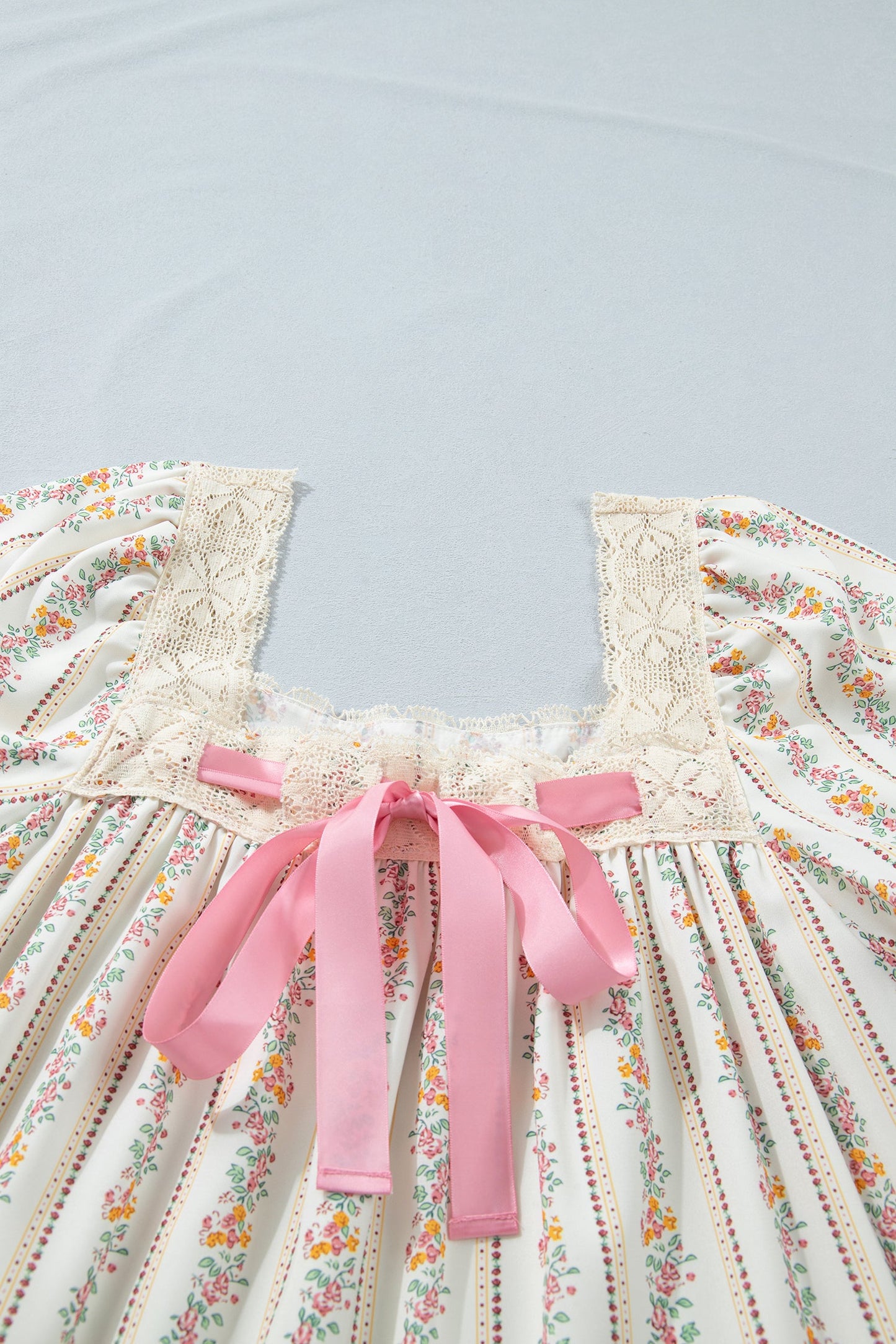 Floral Contrast Ribbon Bow Lace Square Mini Dress