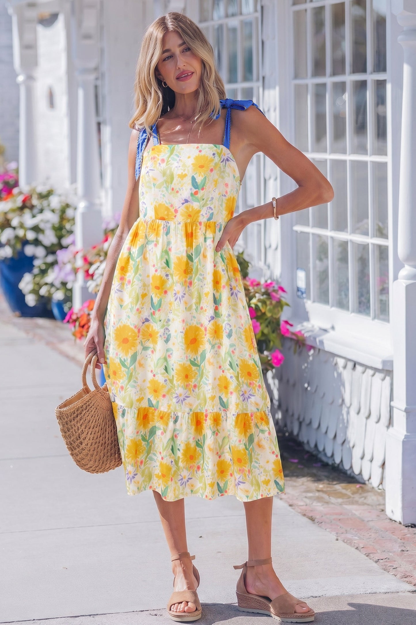 Floral Denim Tie Strap High Waist Maxi Dress