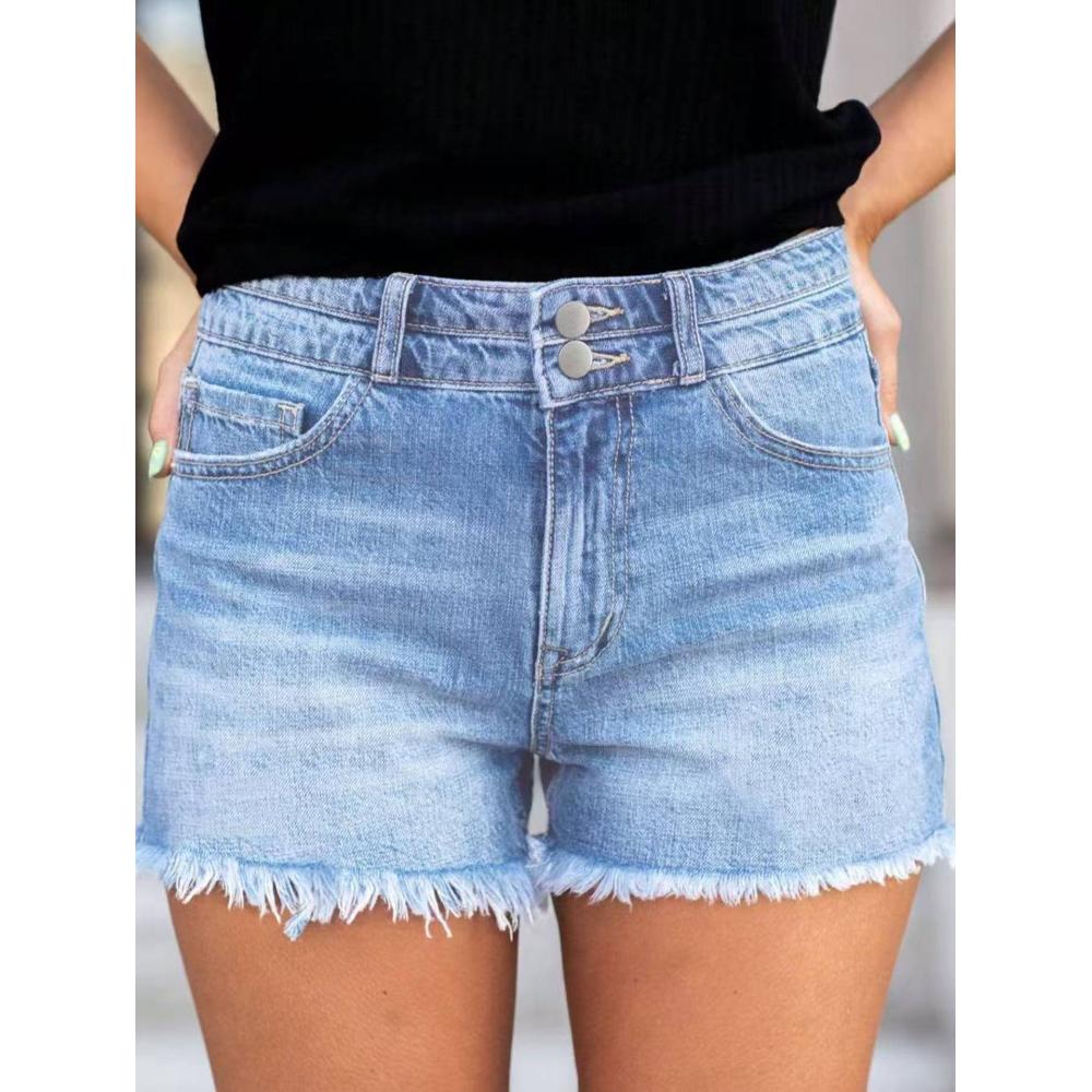 Light Wash Double Button High Waist Denim Shorts