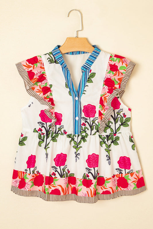 Floral Tie-Neck Stripe Detail Flutter Sleeve Blouse