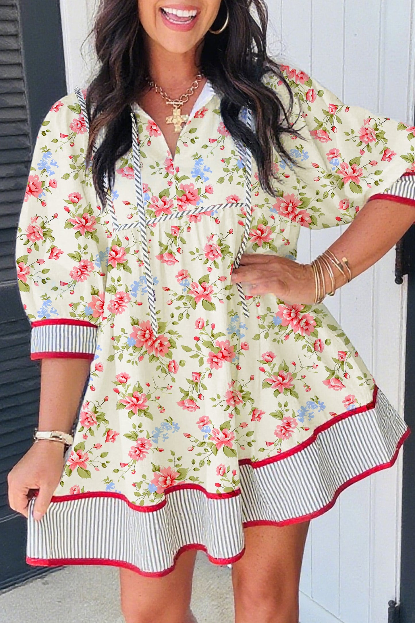 Floral Stripe Trim 3/4 Puff Sleeve Dress