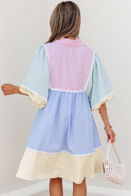 Joelle Striped Ric Rac Puff Sleeve Collared Mini Dress