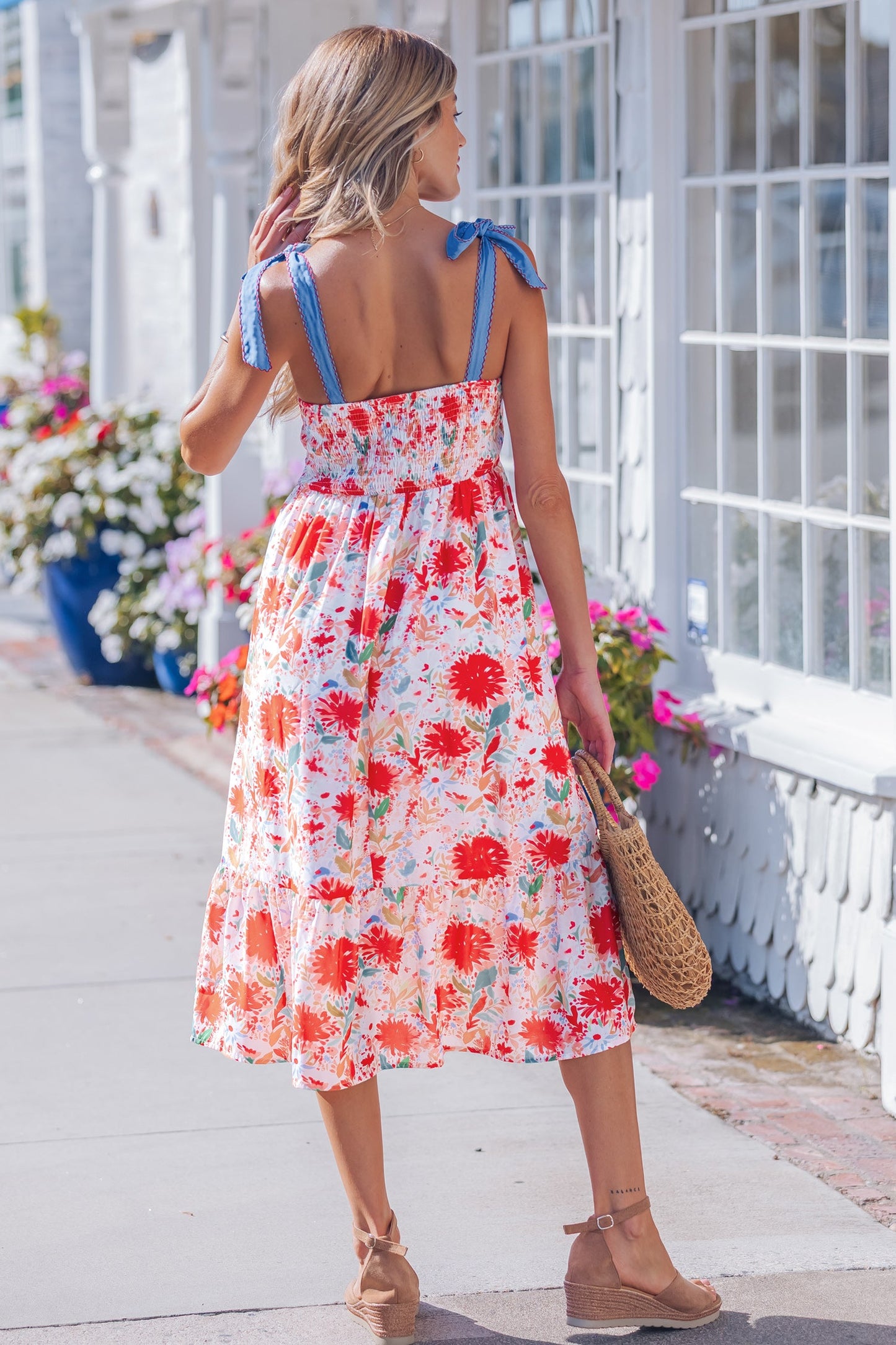 Floral Denim Tie Strap High Waist Maxi Dress