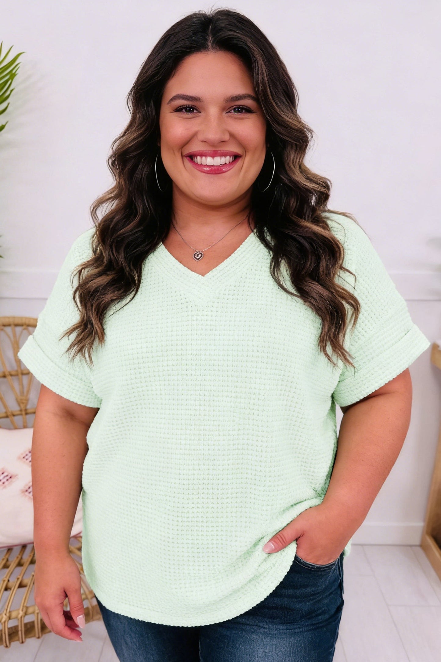 Plus Size Solid Waffle Knit V-Neck Short Sleeve Top