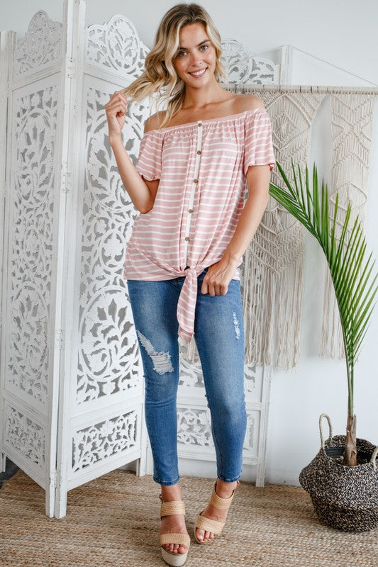 STRIPE OFF SHOULDER BUTTON DOWN TOP