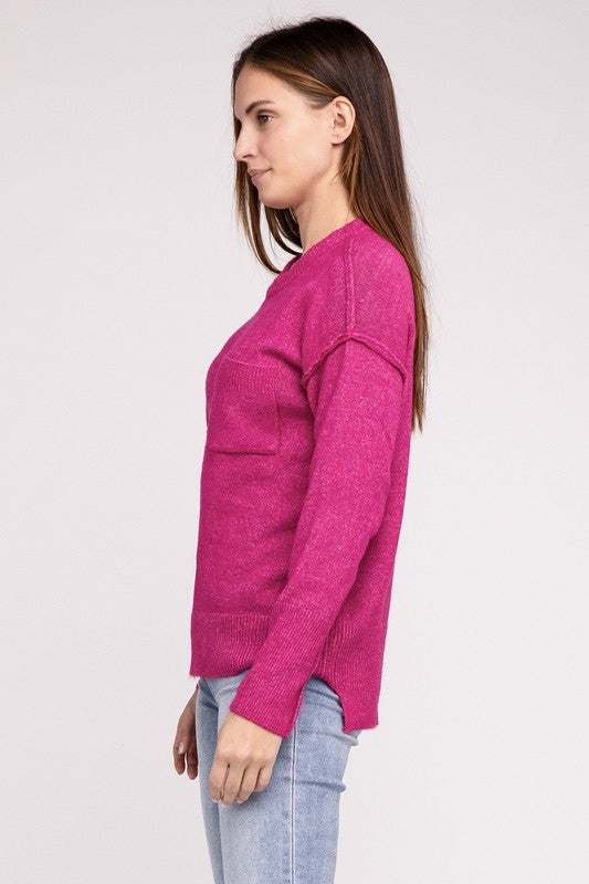 MELANGE HI-LOW HEM ROUND NECK SWEATER