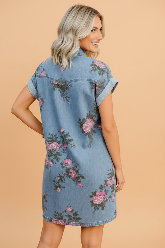 Floral Denim Cuffed Short Sleeve Buttoned Dress