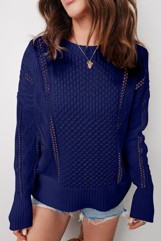 Textured Knit Eyelet Long Sleeve Sweater - Navy Blue – women's boutique fashion