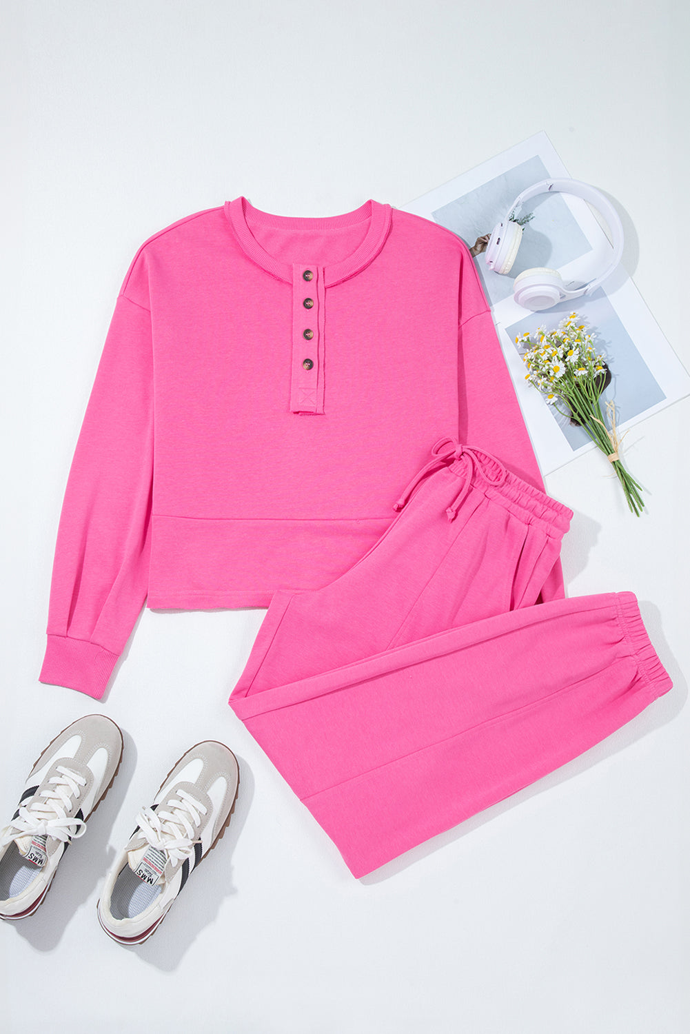 Solid Half-Button Pullover and Jogger Pants Set