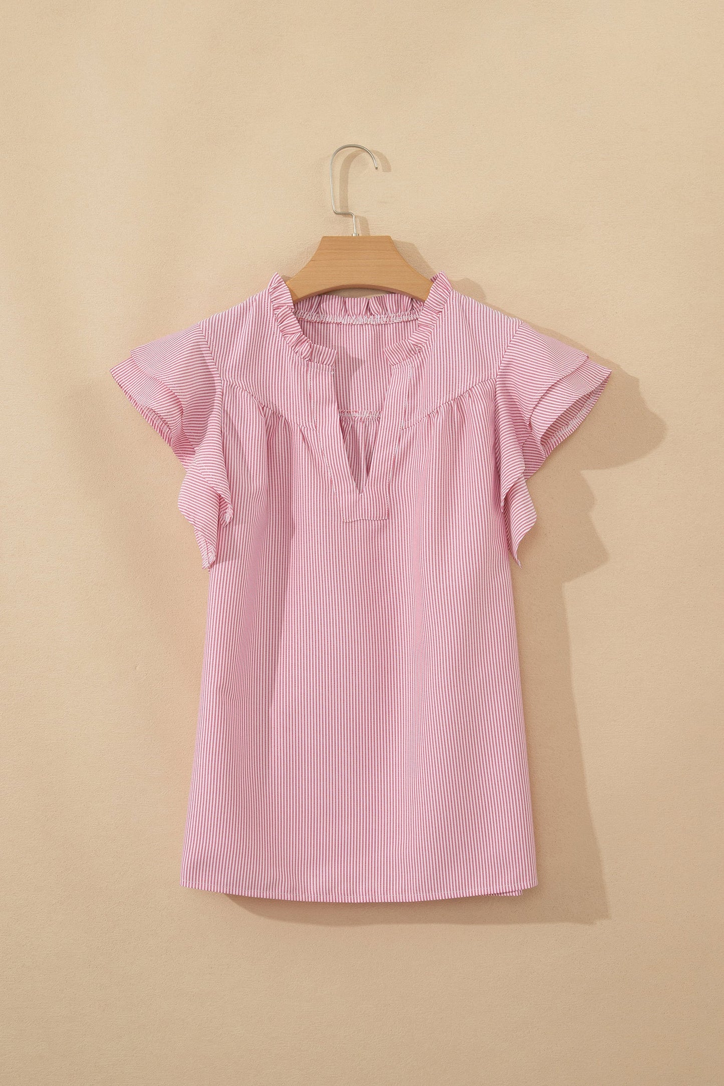 Stripe Frilled Split Neck Ruffle Sleeve Blouse