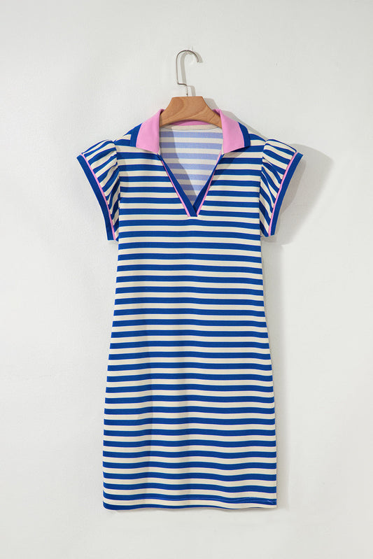 Stripe Flutter Sleeve Contrast Collar Mini Dress